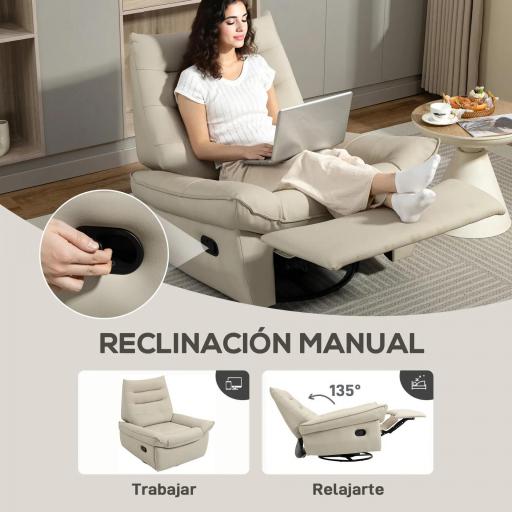 Sillón Relax Reclinable Giratorio Función Balancín Tapizado en PU Reposapiés Asiento Amplio Acolchado Grueso Crema [2]