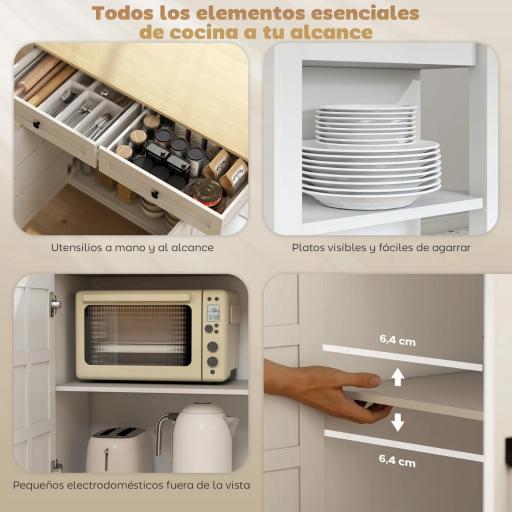 Isla de Cocina con Ruedas Encimera Plegable 2 Puertas con Cierre Suave 2 Cajones 6 Estantes Abiertos Blanco [7]