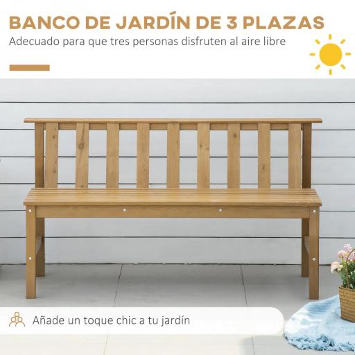 Banco de Jardín de 3 Plazas Banco Exterior de Madera con Respaldo de Listones para Terraza Patio 144x60x77 cm Natural [3]