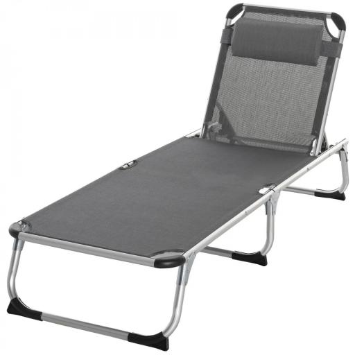 Tumbona Plegable Reclinable de Aluminio con Reposacabezas Extraíble y Respaldo Transpirable Ajustable en 4 Posiciones para Jardín Terraza Camping Exterior 165x60x76 cm Gris [8]