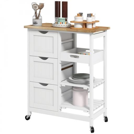 Carrito Auxiliar con Ruedas Carrito de Cocina con 3 Cajones 2 Estantes Abiertos y Bandeja Extraíble 67x37x85,5 cm Blanco [8]