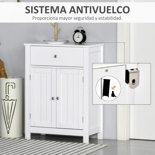 Armario de Baño con 1 Cajón 2 Puertas y Estante Interior Ajustable Mueble Auxiliar de Almacenaje Multifuncional para Salón Cocina Antivuelco 60x30x80 cm Blanco [7]
