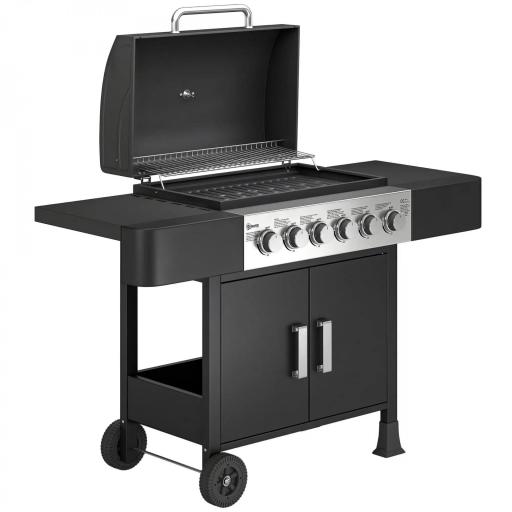 Barbacoa de Gas con 6 Quemadores Termómetro Parrilla Mesas Laterales Armario y Ruedas 135x51x101 cm Negro [8]