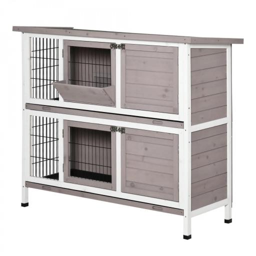 Conejera de Madera Exterior de 2 Niveles Jaula para 1-2 Conejos con Techo Abrible Comedero Bandejas Extraíbles Rampa y Puertas con Cerradura 122x50x101 cm Marrón [9]