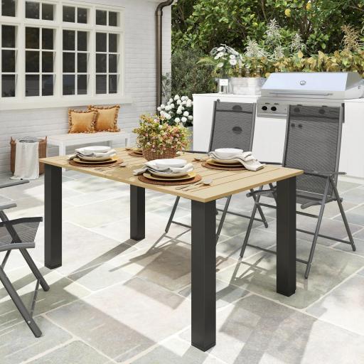 Mesa de Jardín Rectangular de Acero 150x90x73 cm para 6 Personas con Orificio para Sombrilla Diseño con Lamas Marrón