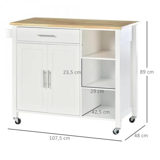 sla de Cocina con Ruedas Mueble Auxiliar de Cocina con Cajón Estantes y Barra Lateral 107,5x48x89 cm Blanco [1]
