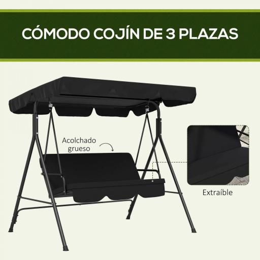 Balancín de Jardín Exterior Columpio de 3 Plazas con Toldo Ajustable y Marco de Acero para Terraza 172x110x153 cm Negro [5]