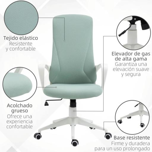 Silla de Oficina Giratoria Altura Ajustable con Reposabrazos Función de Basculante Respaldo Alto 62x56x110-119,5cm Verde [2]