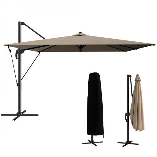 Parasol Excéntrico 2,9x2,9 m de Aluminio con Manivela Inclinación Ajustable Giratorio 360° Base Cruzada y Funda Caqui [9]