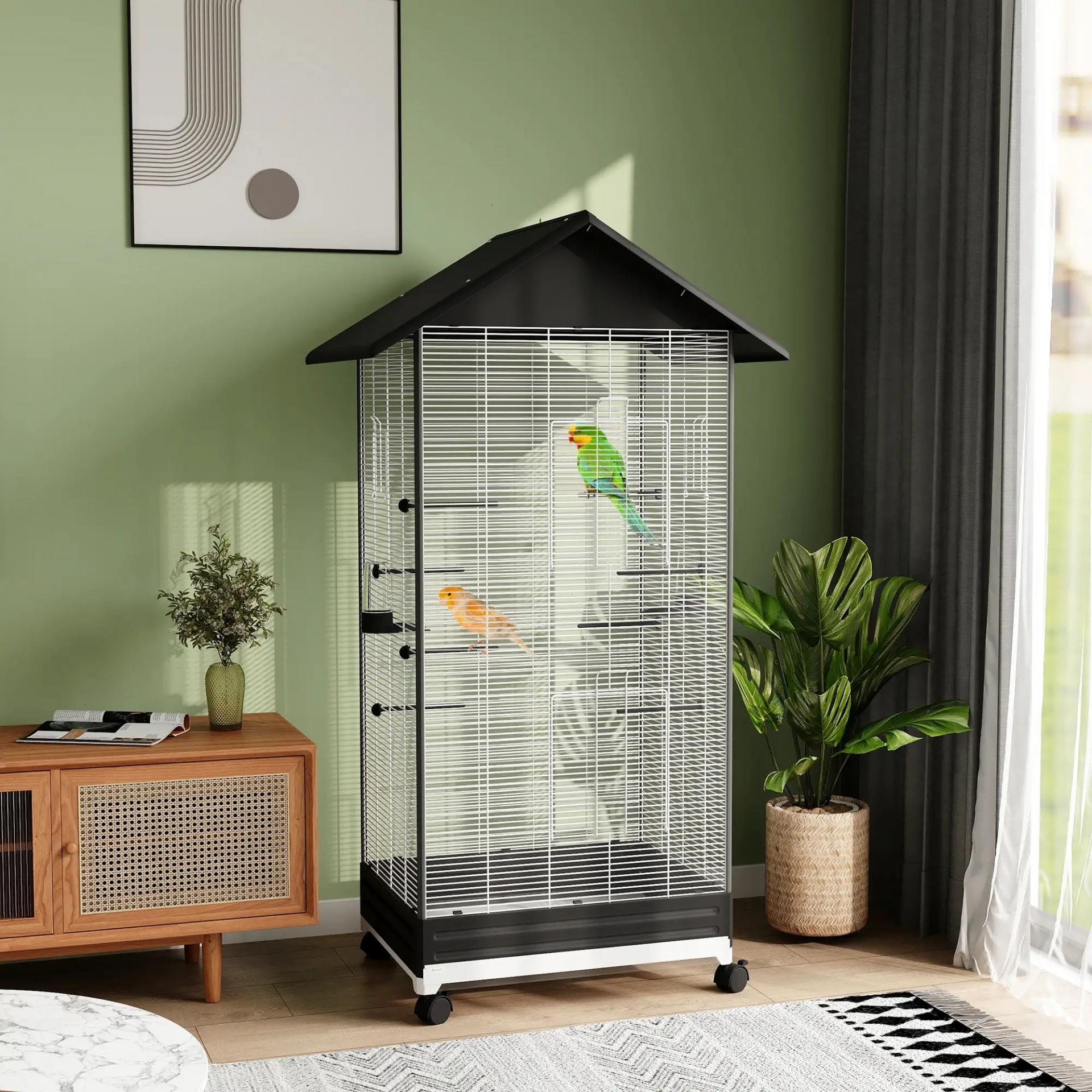 Jaula para Pájaros con Ruedas Pajarera Metálica con Bandeja Extraíble Puertas 79x65x155 cm Negro
