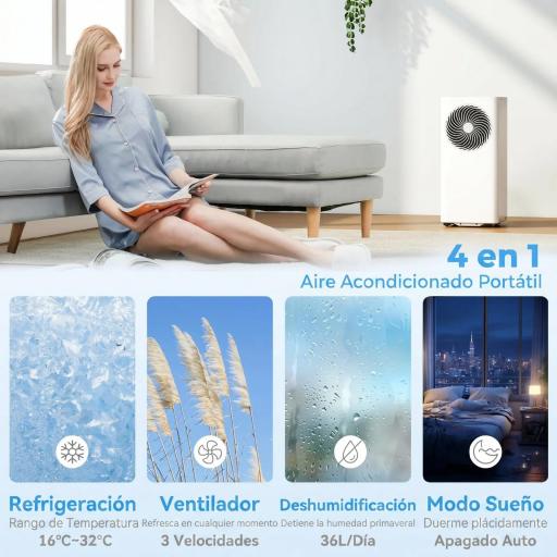 Aire Acondicionado Portátil 7000 BTU 4 en 1 Enfriamiento Deshumidificador Ventilador Modo de Sueño para 26 m² Blanco [2]