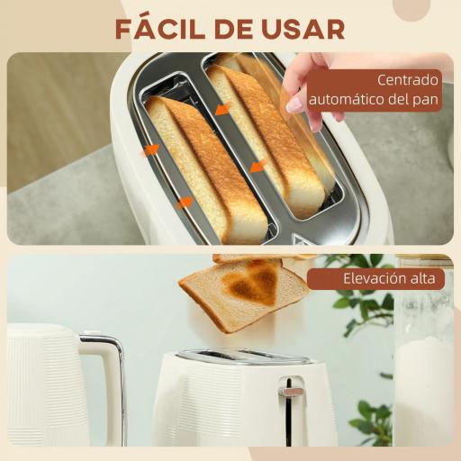 Juego de Hervidor de Agua Eléctrico 2200W 1,7L y Tostador Pan Ranura Ancha para 2 Rebanadas 3 Funciones Crema [4]