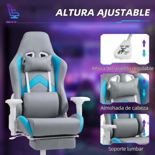 Silla Gamer Reclinable con Altura Ajustable Reposapiés Retráctil Soporte Lumbar y Reposacabezas Gris Claro y Azul [5]