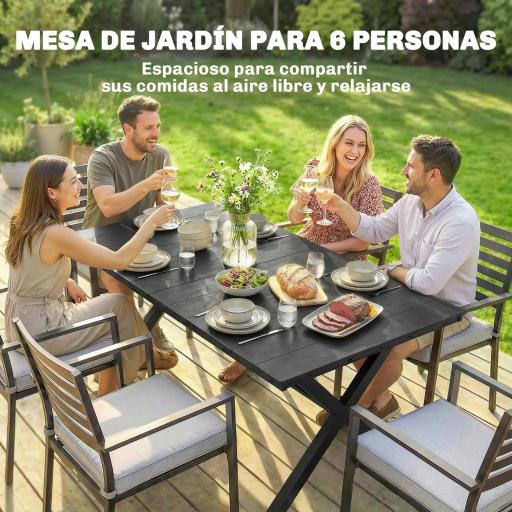 Mesa de Comedor de Jardín para 6 Personas con Superficie de HDPE de Listones Estructura Metálica 150x90x74 cm Negro [3]
