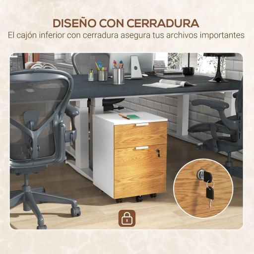 Mueble Archivador con Ruedas 2 Cajones Barra Colgante para Carpetas A4 y Carta Cerradura 42x40x60 cm Blanco y Natural [4]