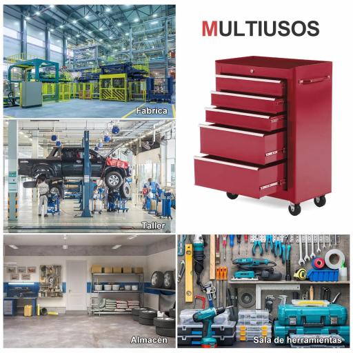 Carro de Herramientas para Taller con Ruedas 5 Cajones Armario con Cierre y Asa Lateral 61,5x33x82,5 cm Rojo [5]