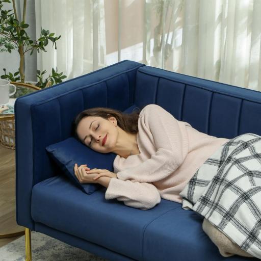 Sofá de 3 Plazas con Tapizado Aterciopelado Estructura Reforzada y Patas Doradas para Salón 194,5x76x76 cm Azul Marino [7]