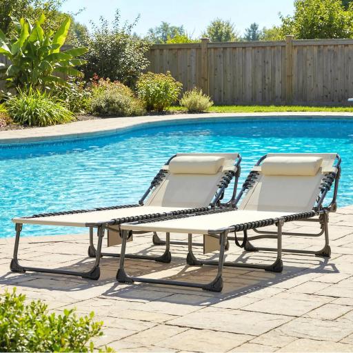 Set de 2 Tumbonas Plegables con Reposacabezas Bolsillo Lateral y Respaldo Reclinable en 5 Posiciones Blanco Crema [7]