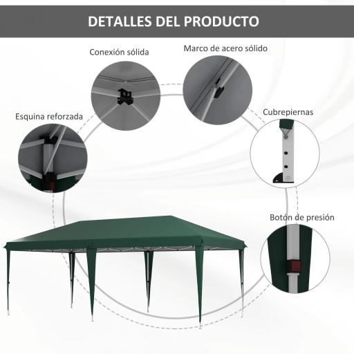Cenador de Jardín 6x3 m Gazebo con Altura Ajustable en 3 Niveles Bolsa de Transporte Marco de Acero Anti-UV Verde [4]