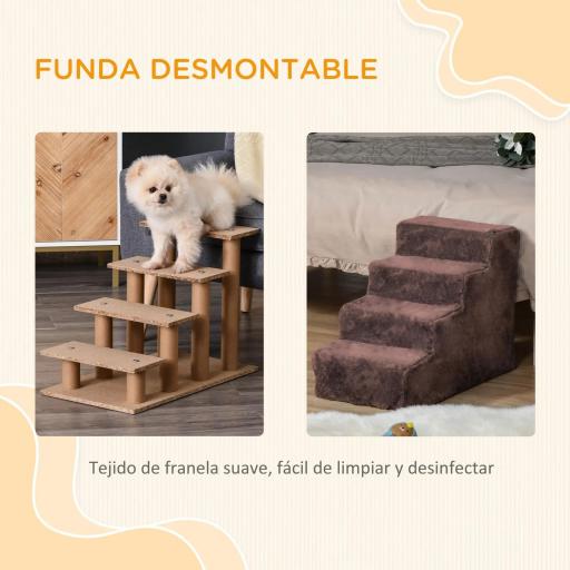 Escalera para Mascotas de 4 Peldaños con Funda Extraíble y Lavable para Cama Sofá 60x35x44 cm Marrón [5]