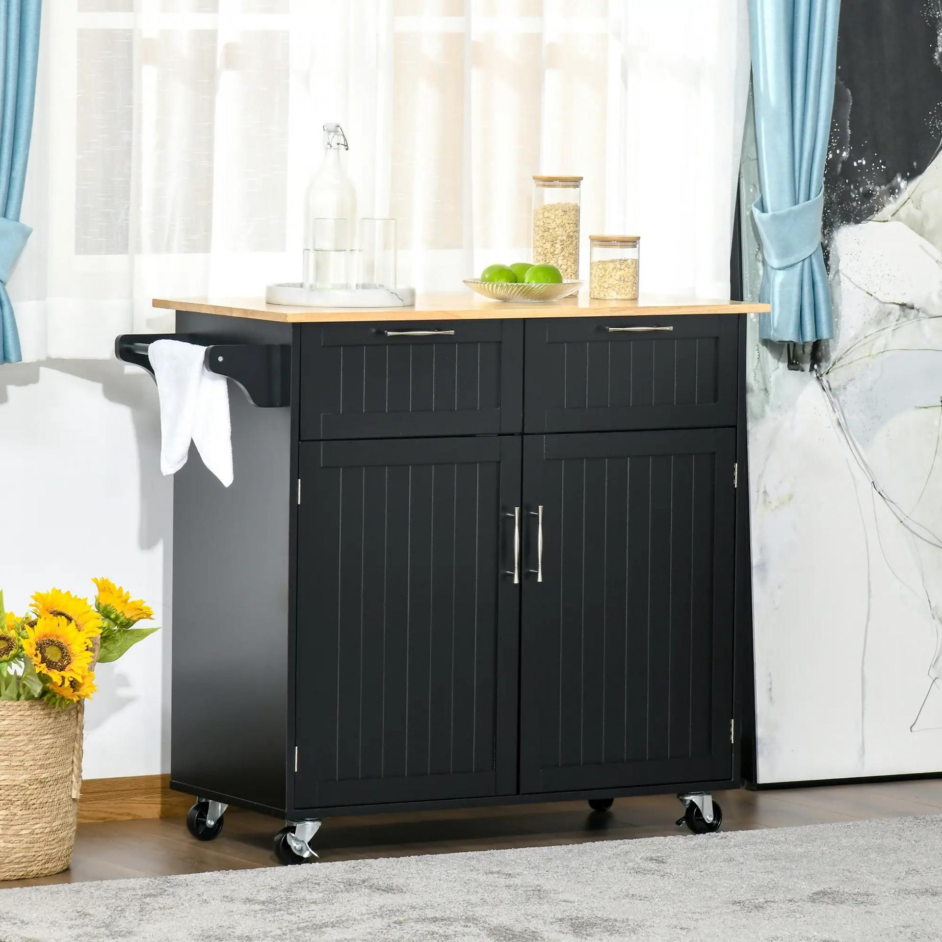 Mueble Auxiliar de Cocina con Ruedas 2 Cajones 2 Puertas Estante Ajustable y Toallero 104x46x91 cm Negro
