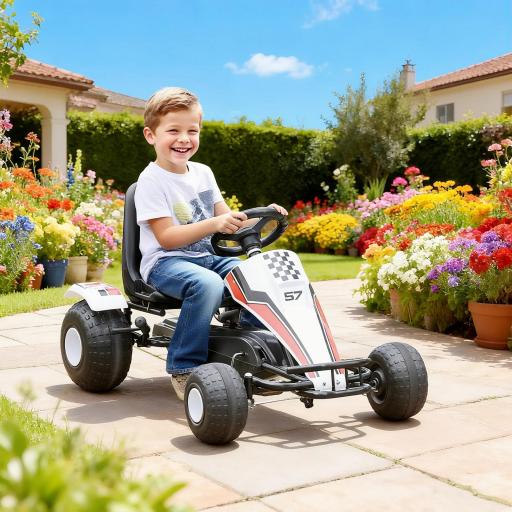 Go Kart a Pedales para Niños de +3 Años Coche de Pedales Infantil con Asiento Ajustable y Freno de Mano 104x66x57 cm Blanco y Negro