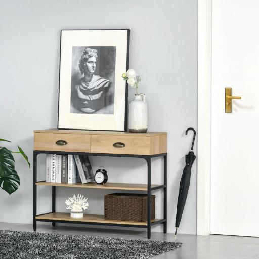 Mesa de Entrada con 2 Cajones y 2 Estantes de Almacenamiento Marco de Acero 100x35x79,2 cm Roble