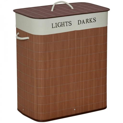 Cesto para Ropa Sucia de Bambú Capacidad de 100L Cesta para la Colada Rectangular con Tapa Extraíble Bolsa de 2 Compartimentos 52x32x63 cm Marrón [9]