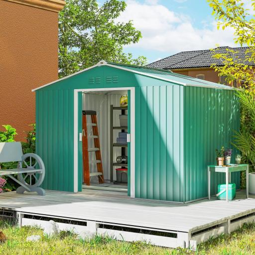 Cobertizo de Jardín 4,9 m² 277x195x192 cm con 2 Puertas Corredizas Techo Inclinado y 4 Ventanas Verde