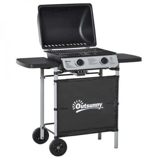 Barbacoa de Gas con 2 Quemadores 5,6 KW 2 Ruedas 2 Mesas Laterales y Parrillas de Acero 104x49x99 cm Negro [4]