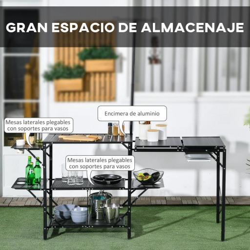 Mesa de Camping Plegable con Fregadero Soporte para Lámpara y Estantes para Barbacoas Picnics y Viajes 173x52x80-174cm [2]