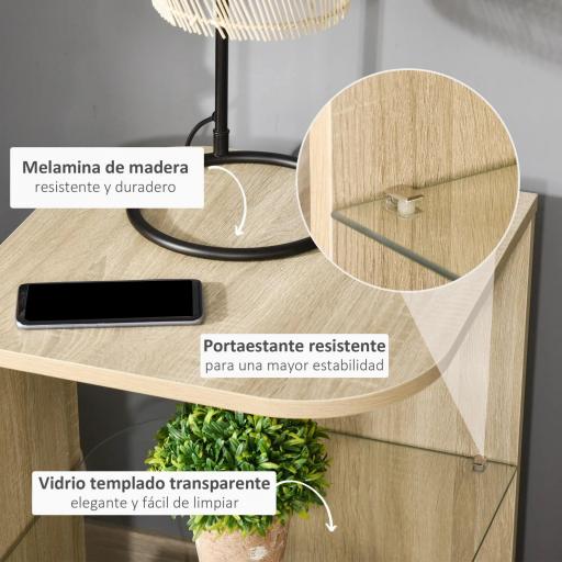 Mesita Auxiliar de Salón Moderna Mesilla de Noche con 3 Estantes Tablero de Cristal Mesita de Café para Sala de Estar Dormitorio 40x40x56 cm Madera Natural [5]