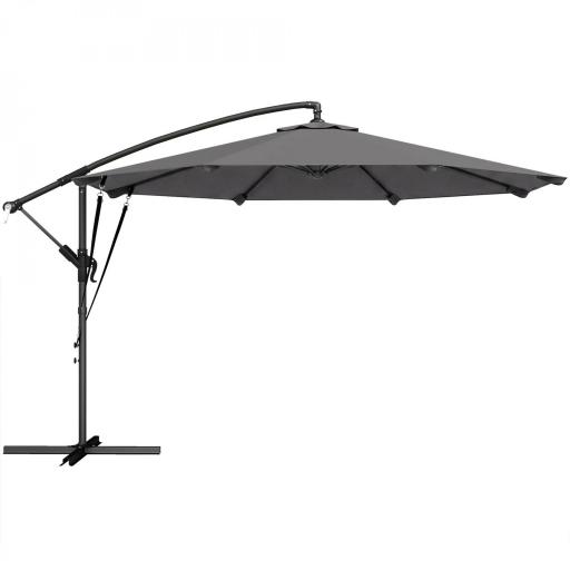 Parasol Excéntrico Ø300 cm con Base Cruzada Manivela Funda Protectora y Cuerdas de Viento UPF30+ Gris Oscuro [9]