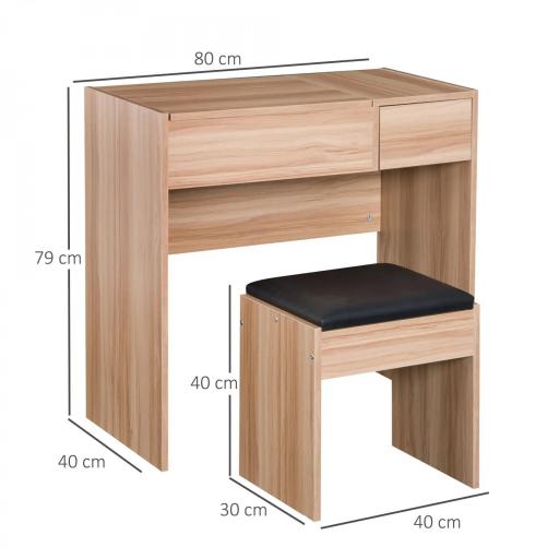 Tocador Compacto con Espejo Abatible y Cajones y Taburete Estilo Minimalista Escritorio Pequeño 80x40x79cm Madera Natural [1]