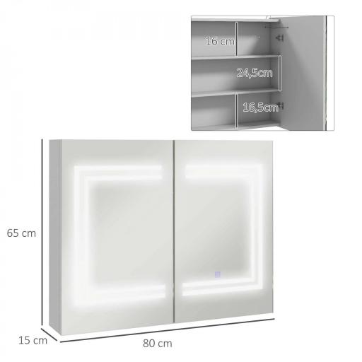 Mueble de Baño con Espejo Estantes Ajustables Interruptor Táctil y Color de Luz Ajustable 80x15x65 cm Blanco Brillante [1]