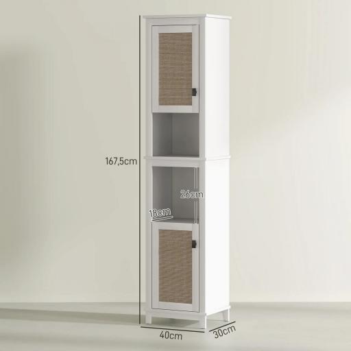 Columna de Baño con Estantes Ajustables 2 Puertas con Frontal de Ratán y 2 Compartimentos 40x30x167,5 cm Blanco [1]