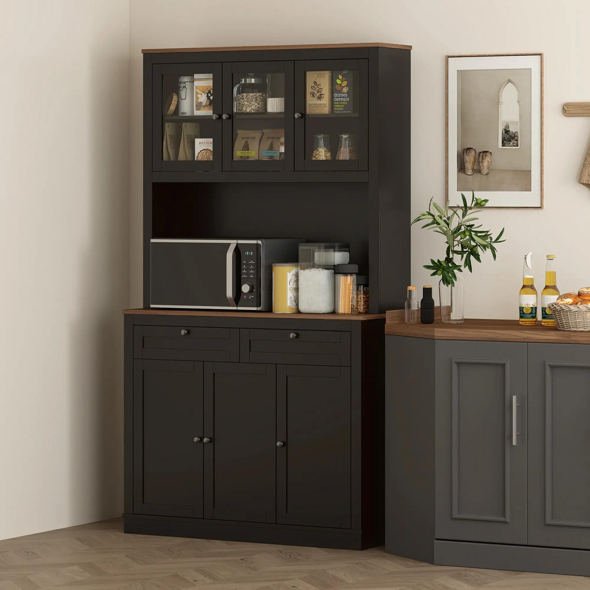Alacena de Cocina con 3 Puertas de Vidrio Compartimento Abierto 2 Cajones y Estantes Ajustables 100x40x180 cm Negro