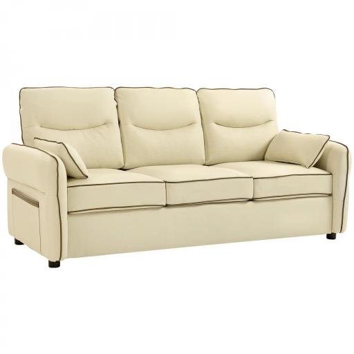 Sofá de 3 Plazas Tapizado en Cuero Sintético Acolchado Grueso Asiento Ancho Reposabrazos Bolsillo Montaje Rápido Beige [9]