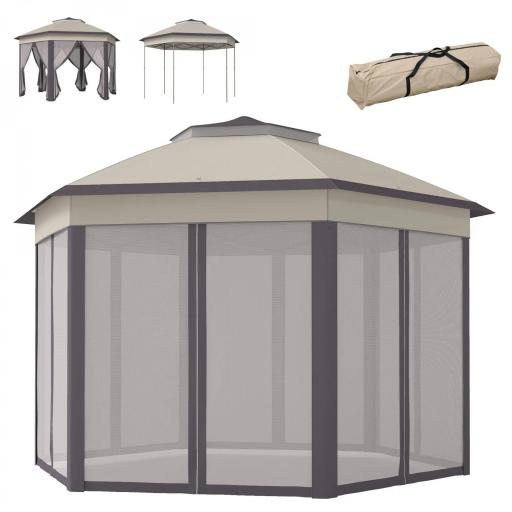 Carpa Plegable 4x3,4 m con Doble Techo 6 Mosquiteras Extraíbles y Bolsa de Transporte Anti-UV Marrón y Beige [7]