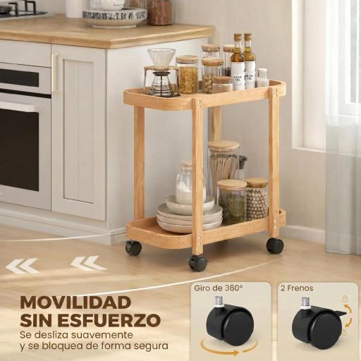 Carrito de Cocina de Bambú de 2 Niveles Carrito Auxiliar para Cocina con Ruedas 2 Estantes 54x36,5x60 cm Natural [2]