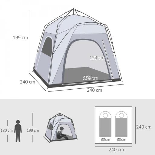 Tienda de Camping Emergente Instantánea con 4 Ventanas 2 Bolsillos y Bolsa de Transporte 240x240x199 cm Gris y Blanco [1]