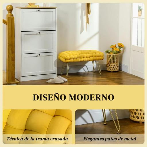 Banco Pie de Cama Tapizado en Terciopelo Reposapiés con Patas de Metal y Asiento Acolchado Amarillo [2]