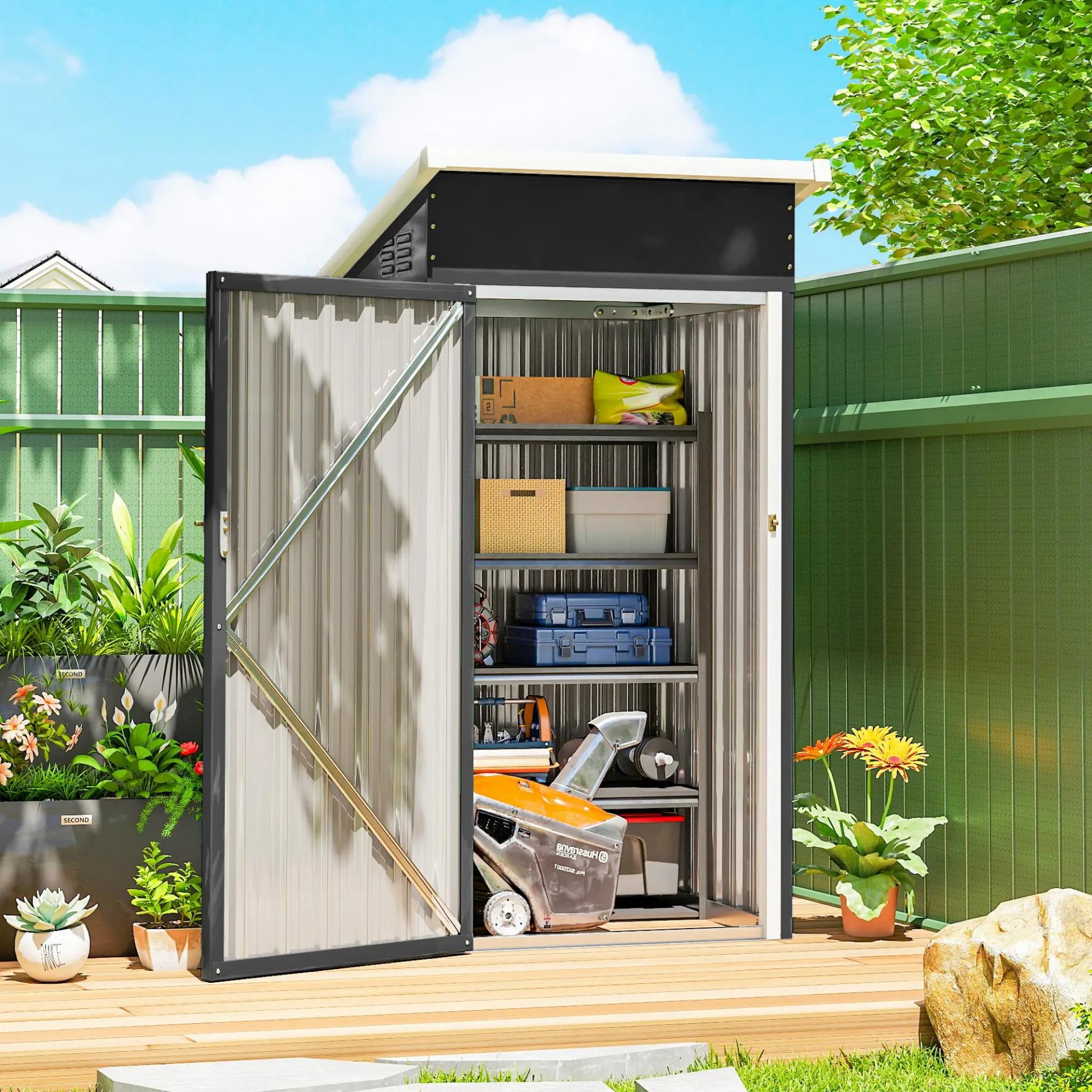 Caseta de Jardín Exterior Metálico 0,74 m² 107,5x91x185 cm con Techo Inclinado Puerta con Cerradura Ventilaciones Gris