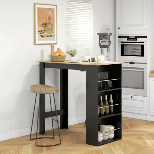 Mesa Alta de Bar Mesa de Cocina con 3 Estantes Marco de Madera Estilo Moderno 112x57x106 cm Negro y Natural