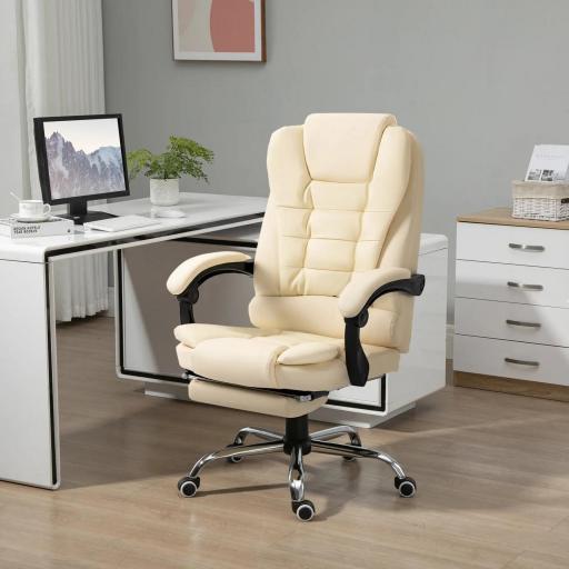 Silla de Escritorio con Reposapiés Silla Ejecutiva Giratoria con Altura Ajustable Tapizada en PU y Reposabrazos Crema