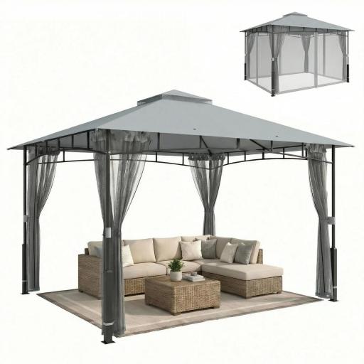 Carpa para Jardín con Techo Doble Cenador con Paredes de Malla UPF50+ para Exterior Terraza 360x300x275 cm Gris [9]