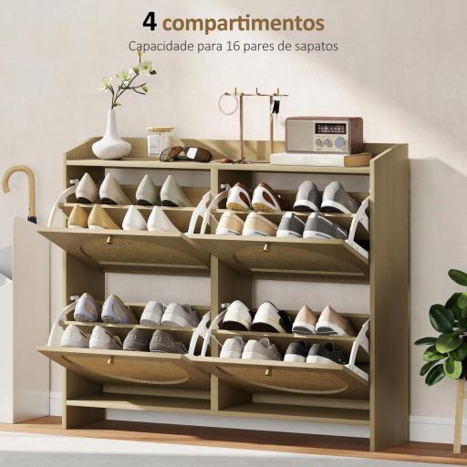 Zapatero Estrecho con 4 Puertas de Ratán con Estantes Ajustables para 16 Pares de Zapatos 104,5x24x88 cm Natural [3]