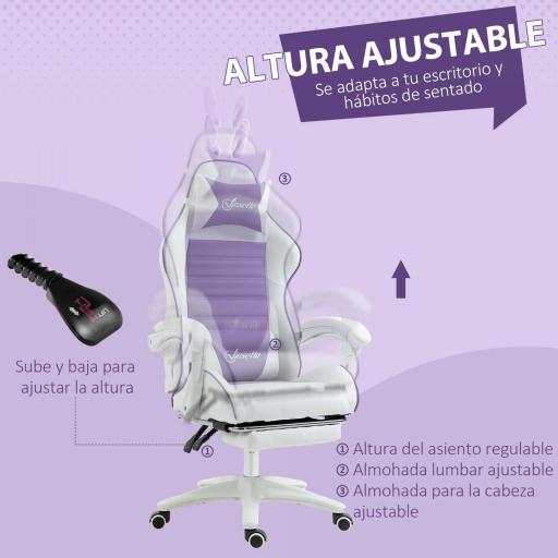 Silla Gaming de Cuero Sintético Reclinable 135° Reposacabezas Soporte Lumbar y Reposapiés 65x63x136-142 cm Púrpura [5]