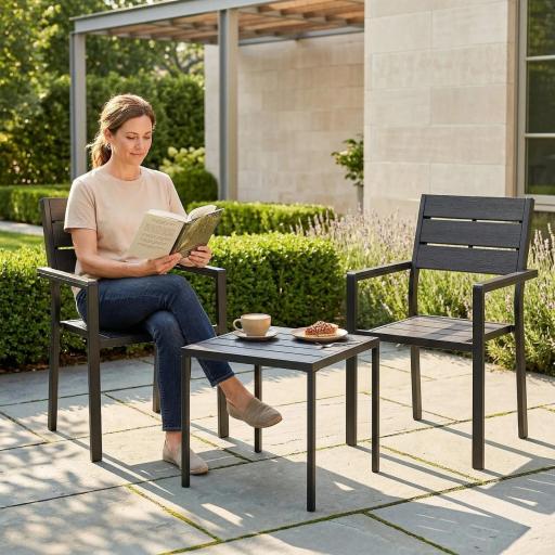Conjunto de Jardín de 3 Piezas con 2 Sillas y Mesa de HDPE Diseño Listones Efecto Madera para Patio Balcón Negro [4]