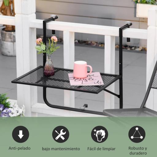 Mesa Colgante para Balcón Plegable de Metal con Altura Ajustable en 4 Niveles Carga 10 kg 60x60x57-72 cm Negro [6]